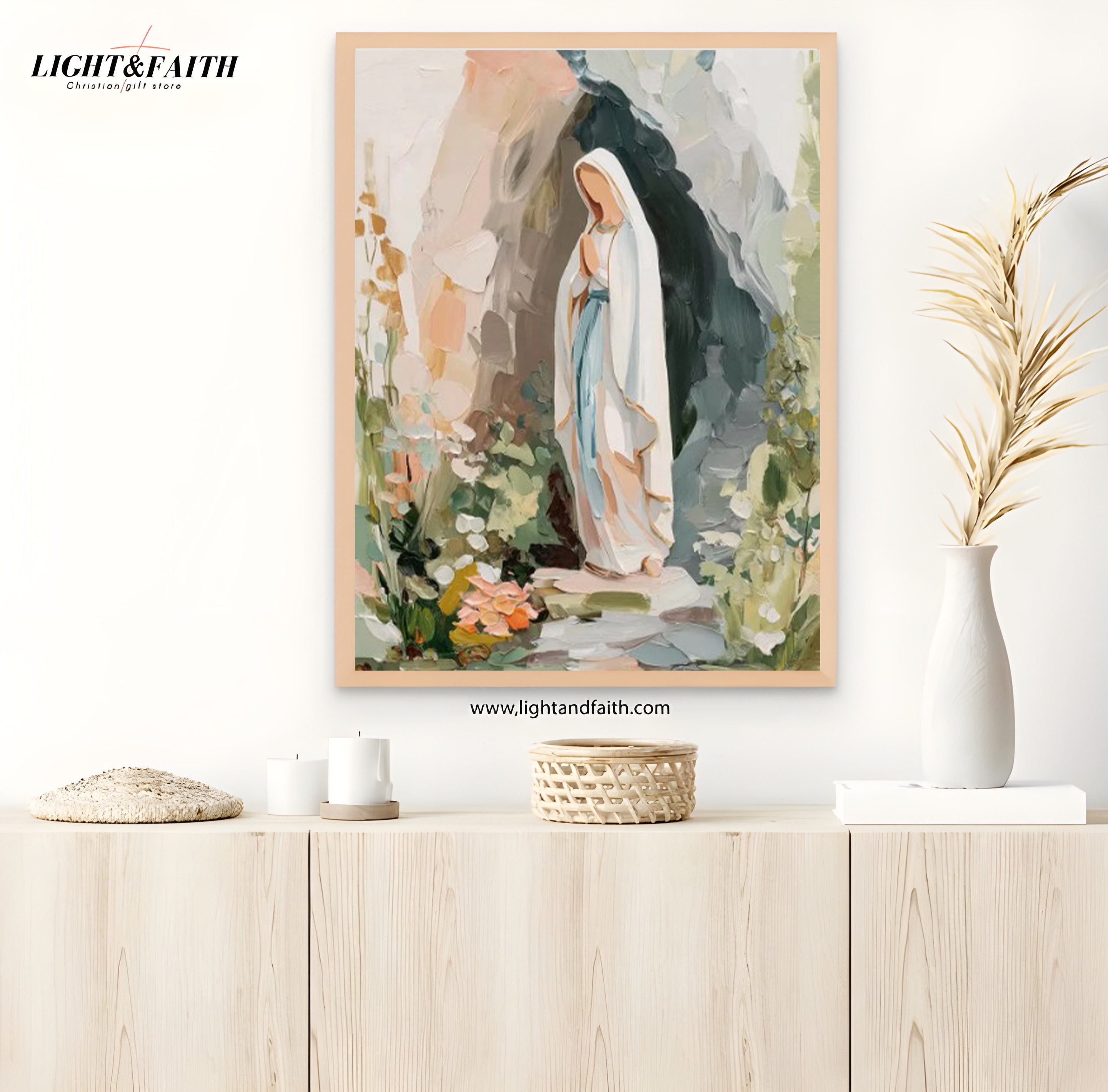 Our Lady of Lourdes Art Print, Virgin Mary Painting, Catholic Wall Art, Modern Christian Decor, Blessed Mother Gift for Her, Neutral Artwork